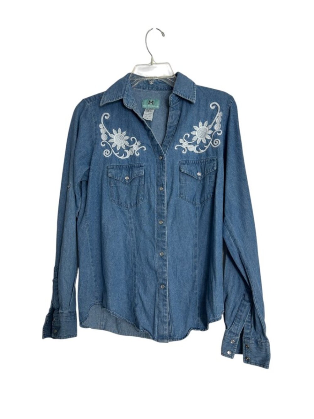 South Main Denim Shirt Size Small Embroidered Flowers Blue Pearl Snap Cotton
